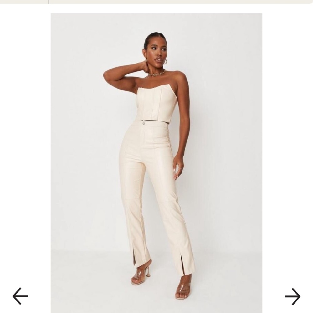 Cream Faux Leather Split Hem Trousers